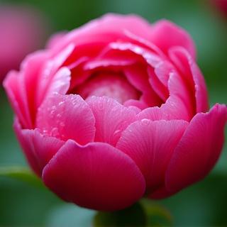 Gros plan d'une pivoine rose en pleine floraison avec des perles de rosée